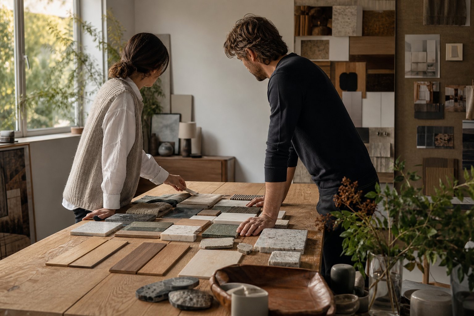 Designers reviewing material samples for a home renovation