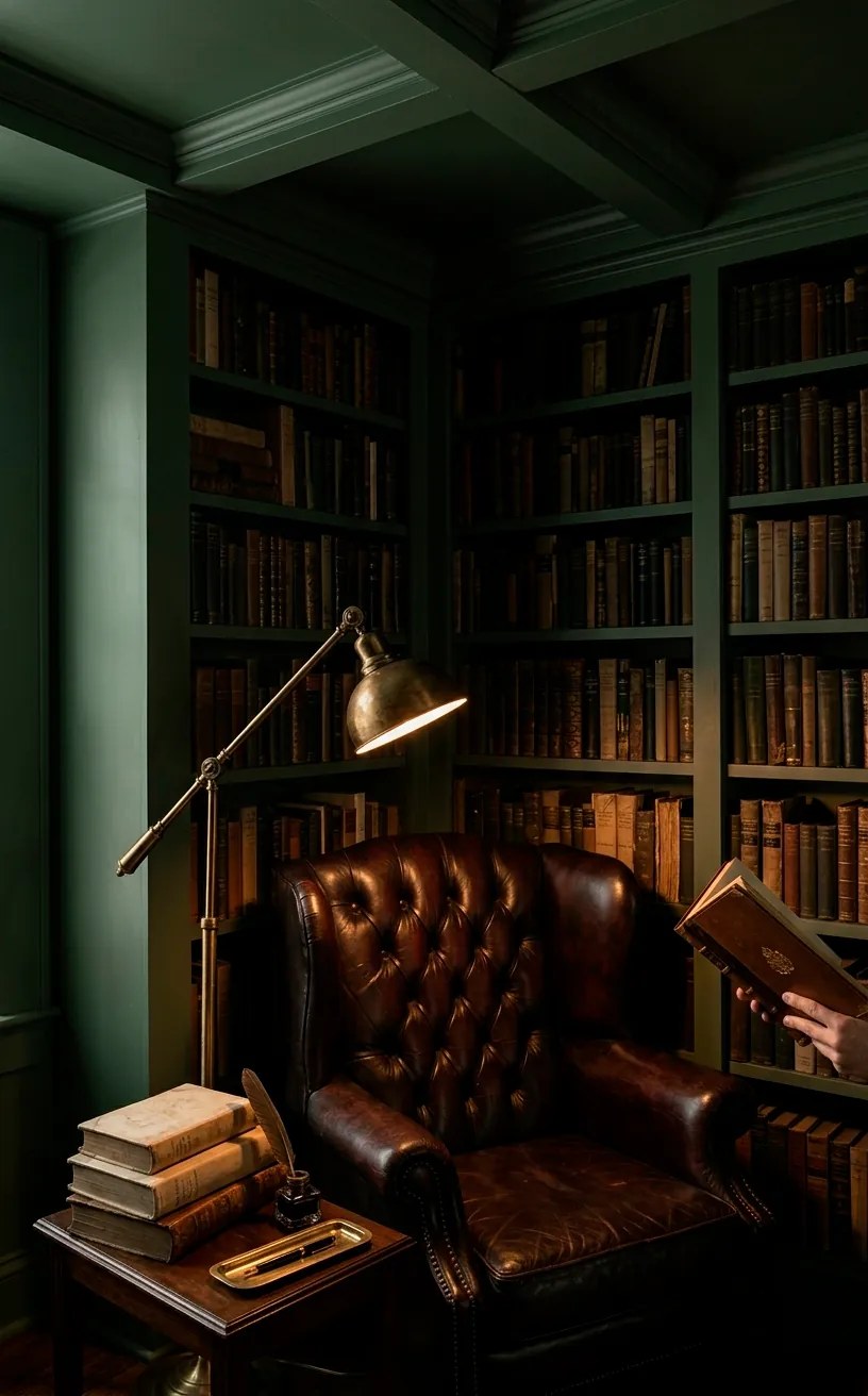 Cozy reading nook with sage walls