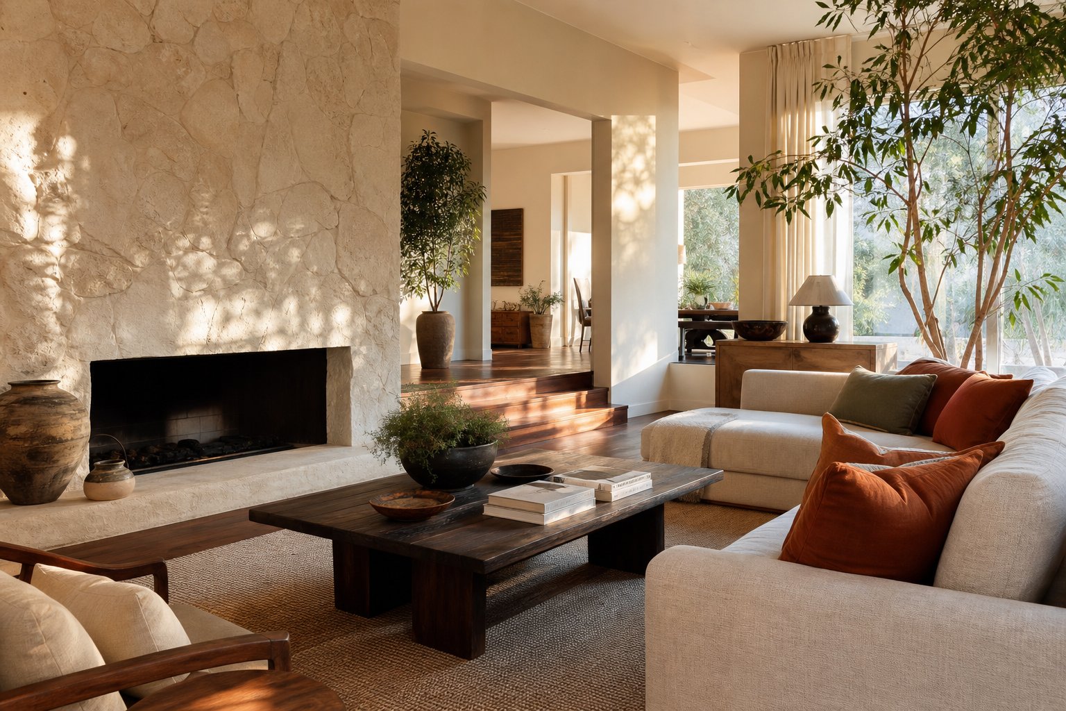 Sunlit renovated living room with warm wood and linen