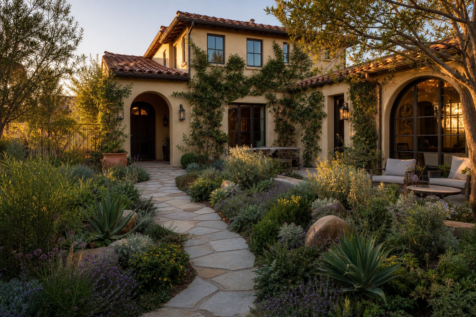 Renovated home exterior with garden landscaping