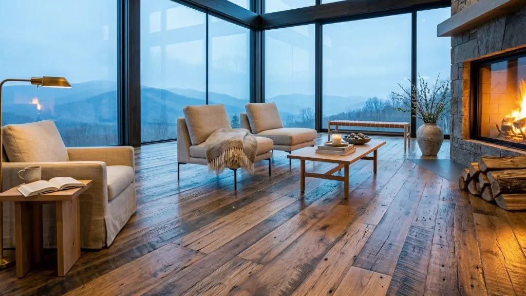Wide plank hardwood flooring in a sunlit home