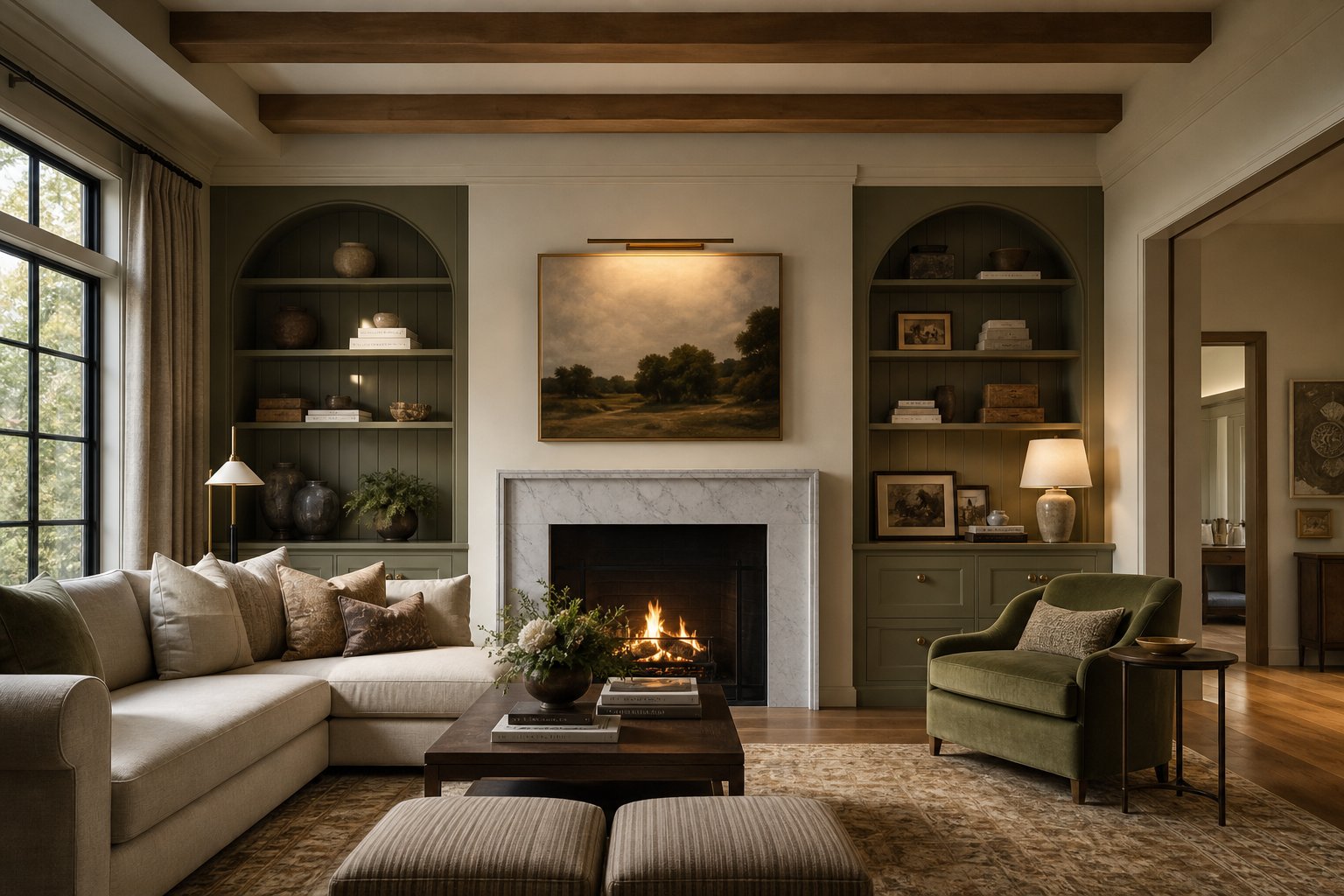 Layered living room interior with custom millwork