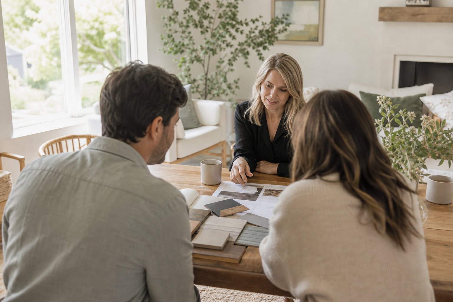 Homeowners reviewing renovation plans at a table