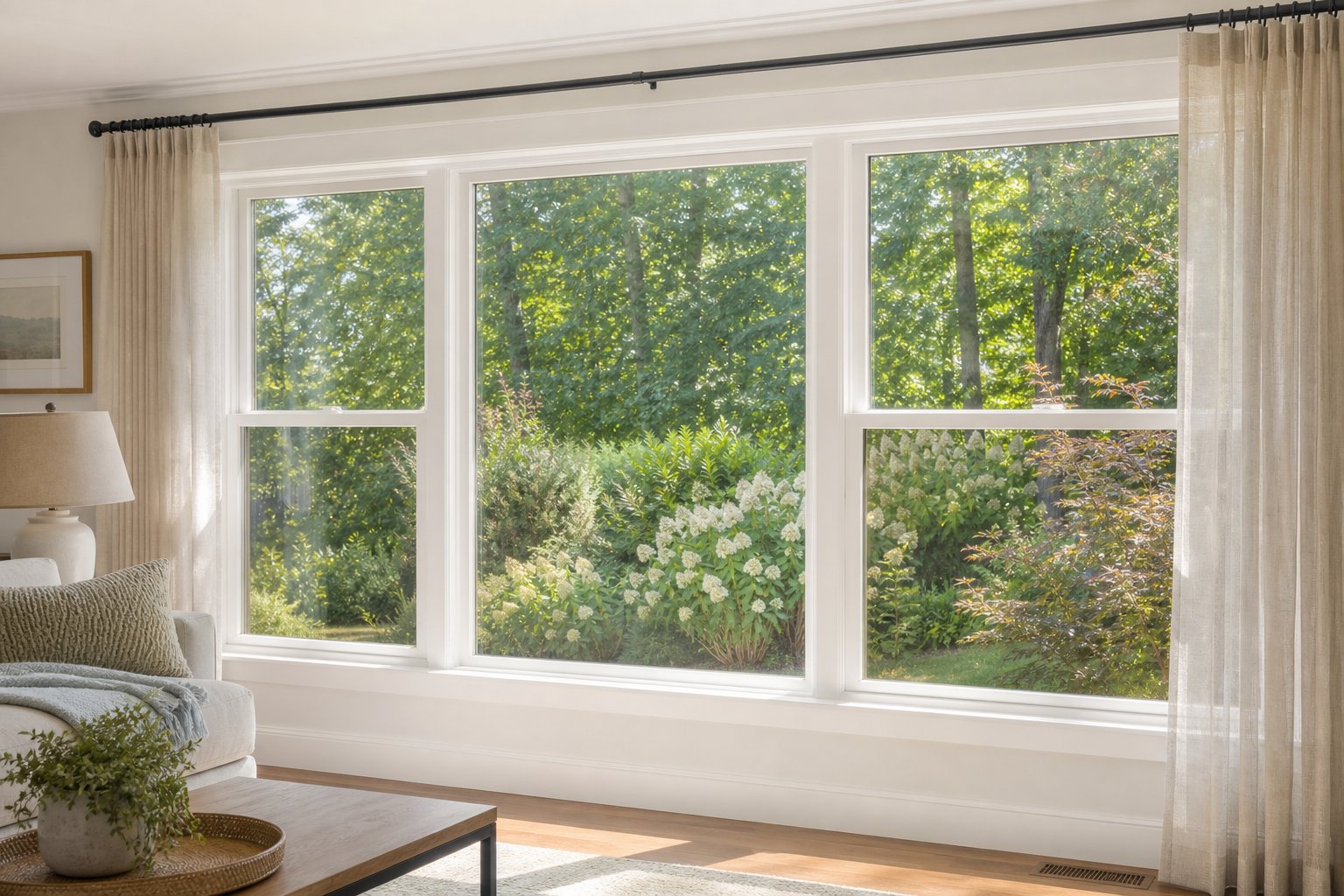 Large replacement windows filling a living room with light